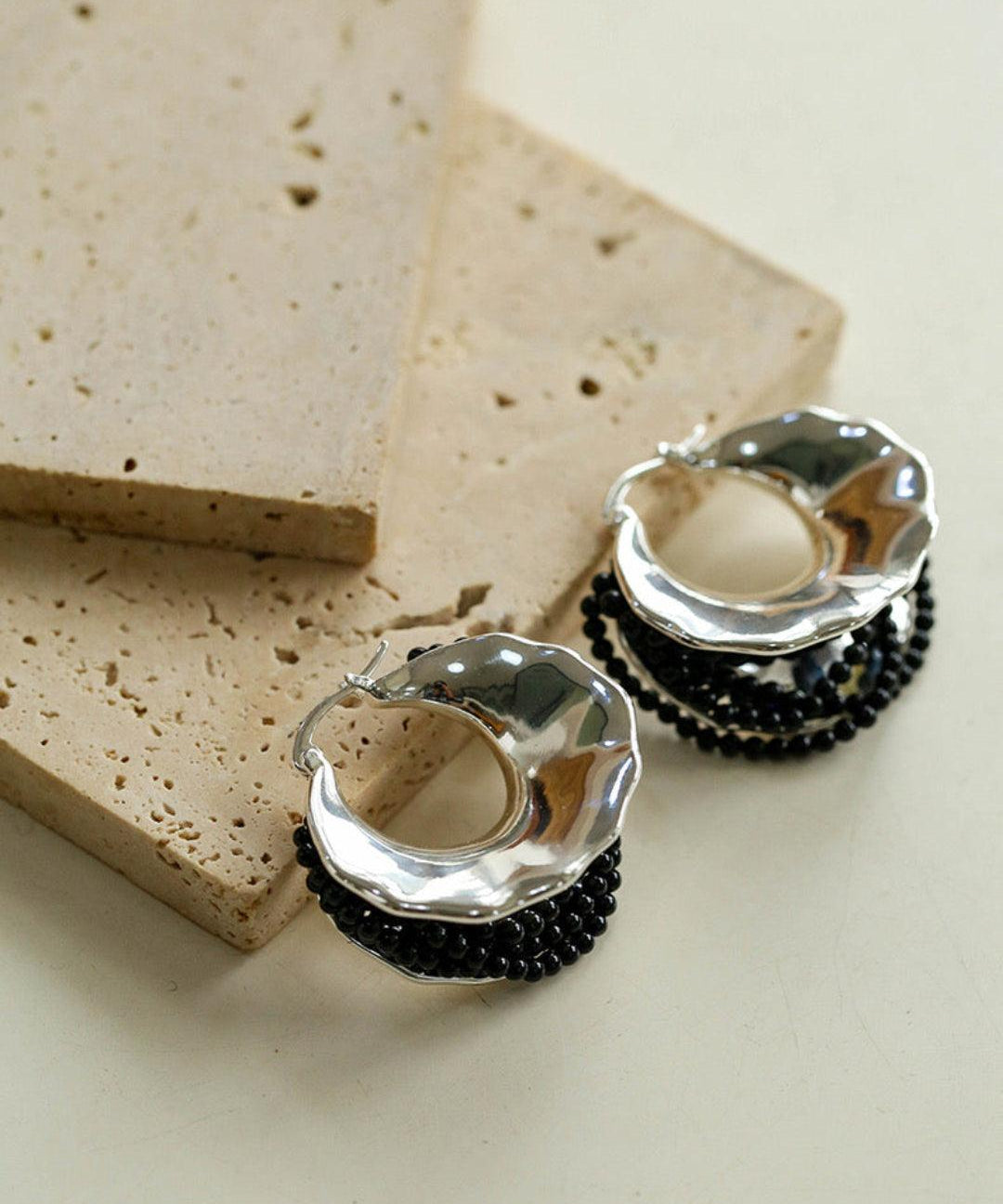 Wide Pearl Black Agate Hoop Earrings - Gembea Jewelry