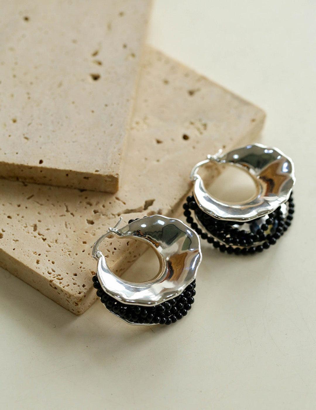 Wide Pearl Black Agate Hoop Earrings - Gembea Jewelry