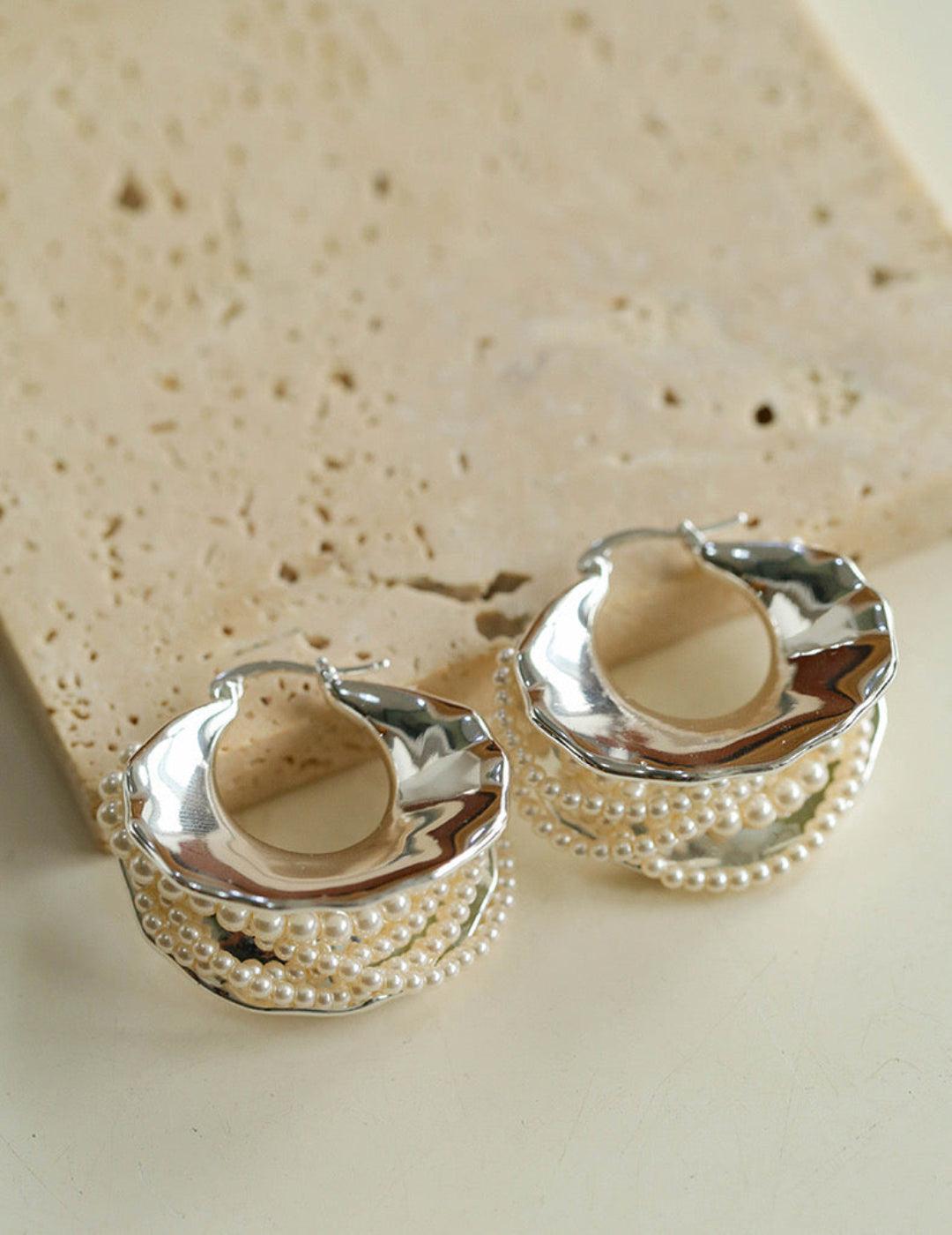 Wide Pearl Black Agate Hoop Earrings - Gembea Jewelry