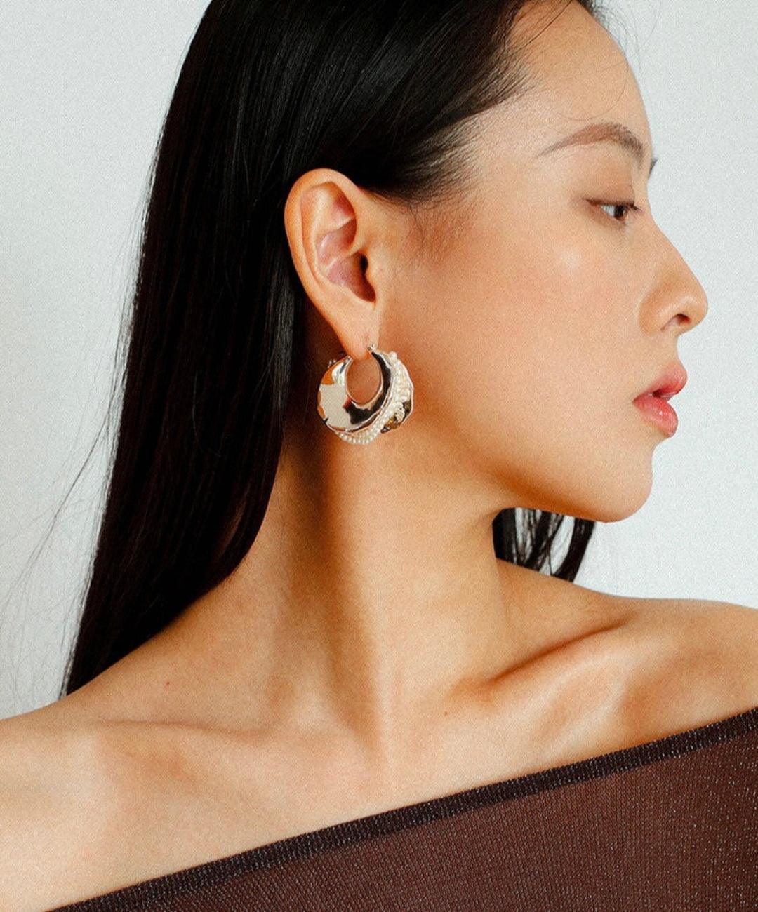 Wide Pearl Black Agate Hoop Earrings - Gembea Jewelry