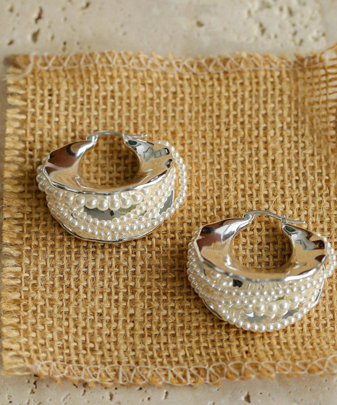 Wide Pearl Black Agate Hoop Earrings - Gembea Jewelry