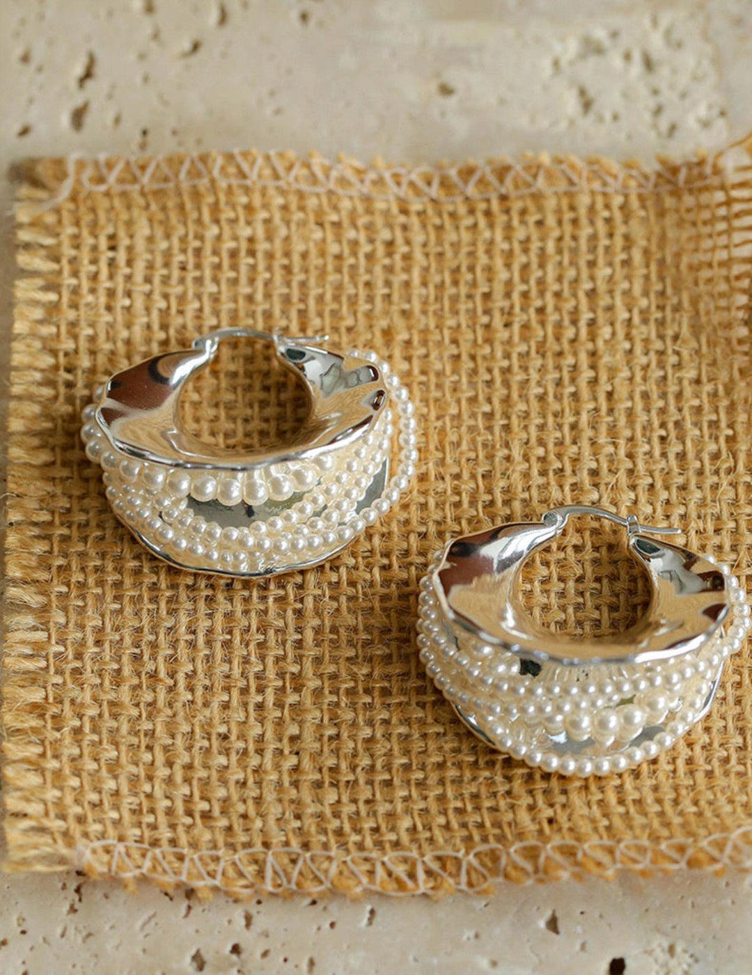 Wide Pearl Black Agate Hoop Earrings - Gembea Jewelry