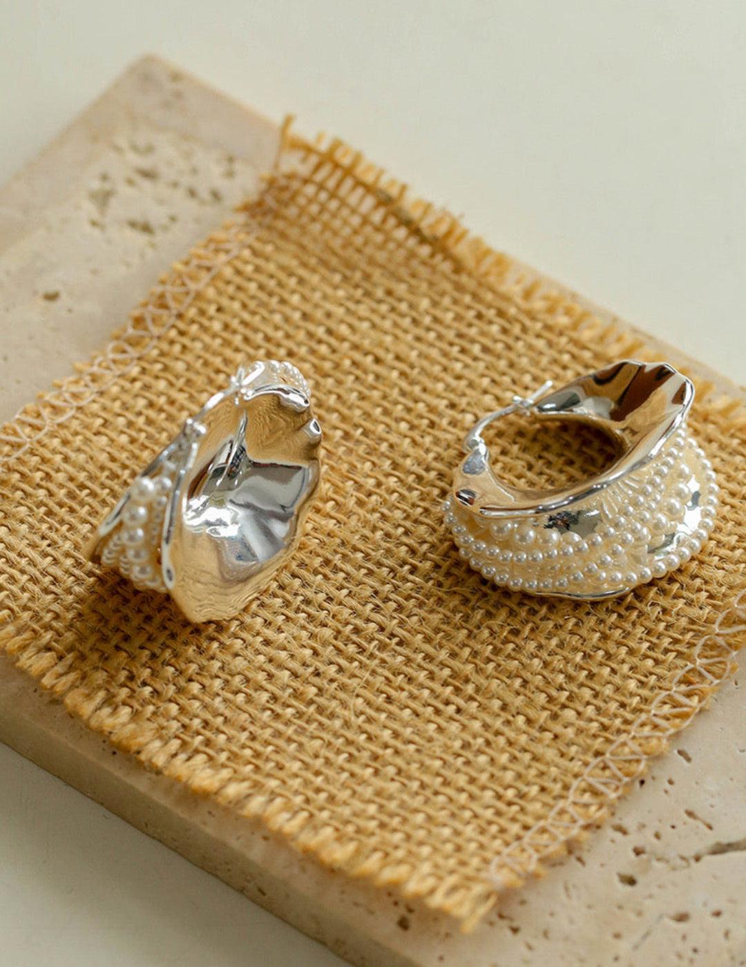 Wide Pearl Black Agate Hoop Earrings - Gembea Jewelry