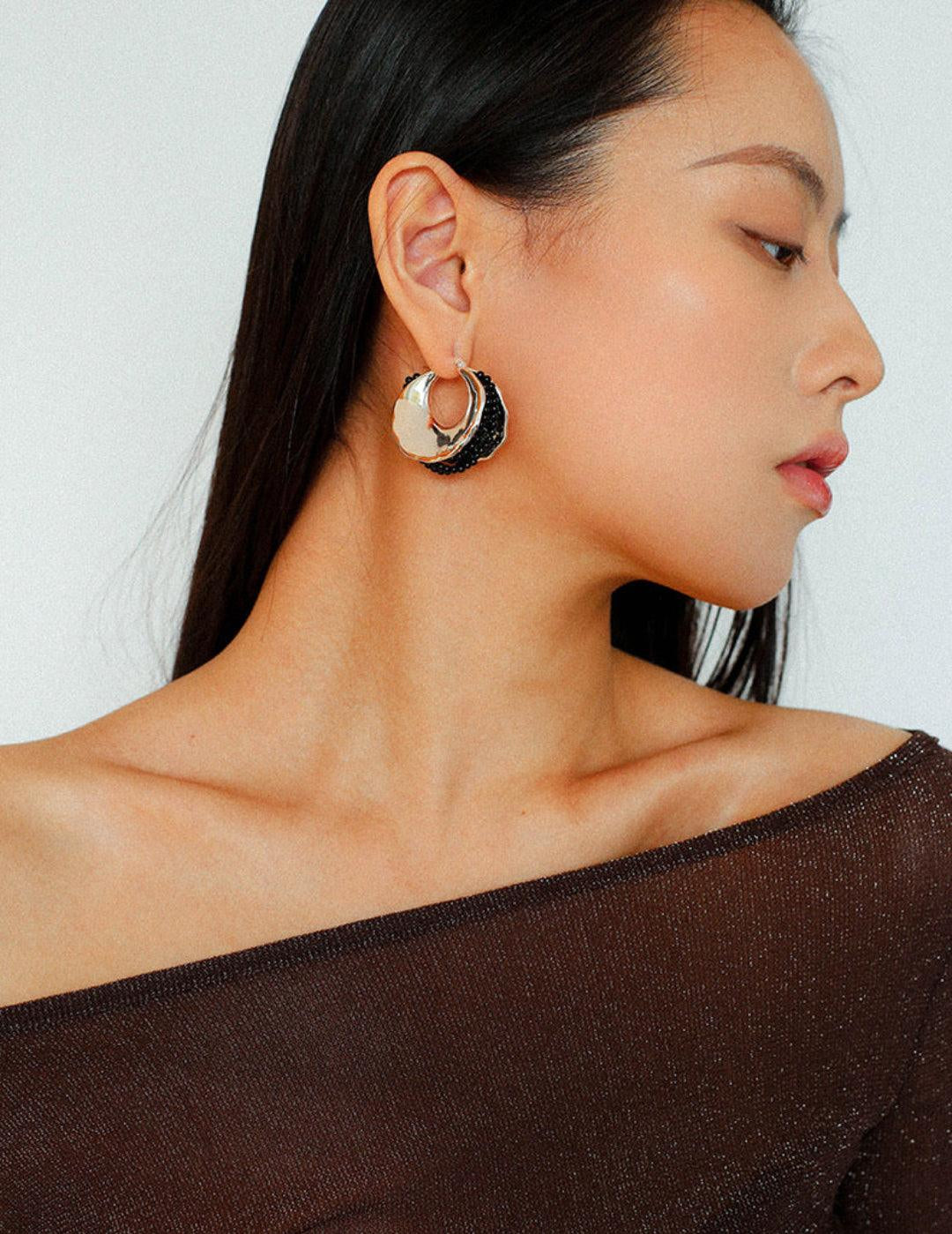 Wide Pearl Black Agate Hoop Earrings - Gembea Jewelry