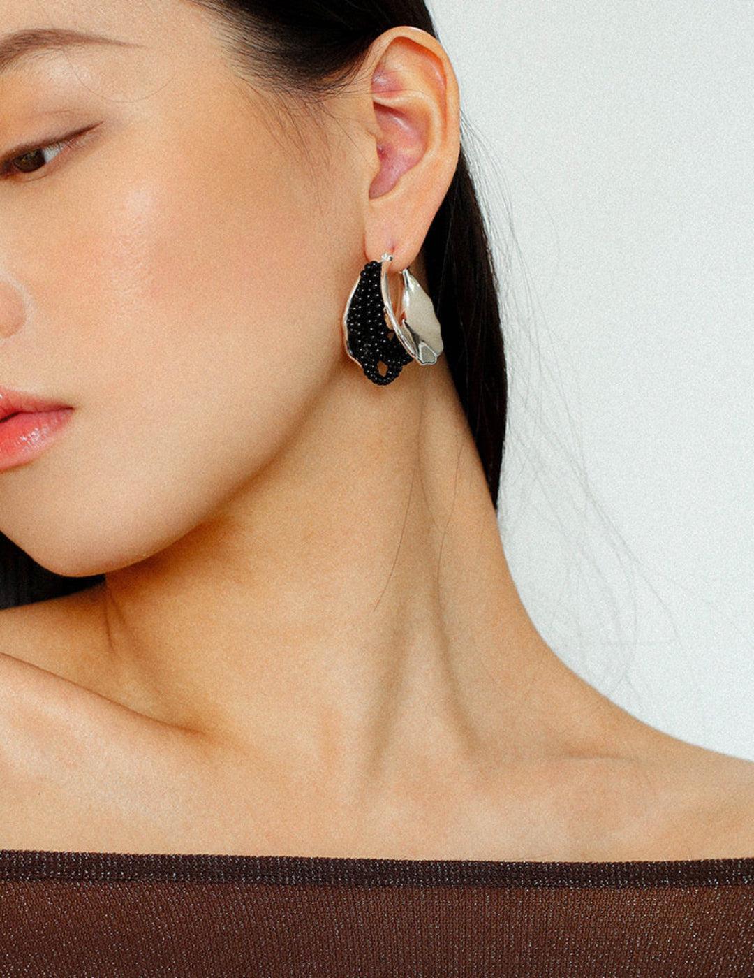 Wide Pearl Black Agate Hoop Earrings - Gembea Jewelry