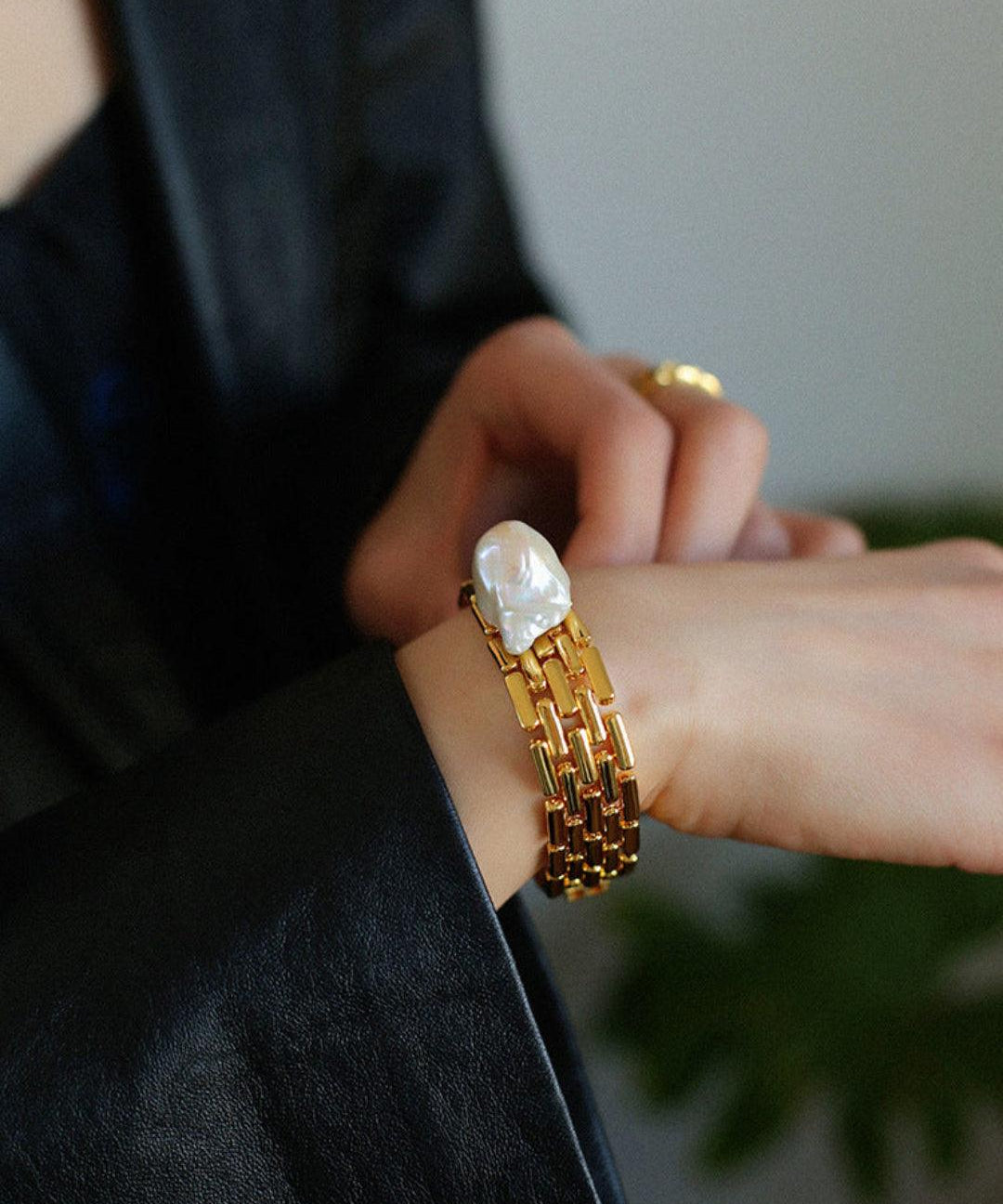 Wide Version Watch Chain Baroque Pearl Bracelet - Gembea Jewelry