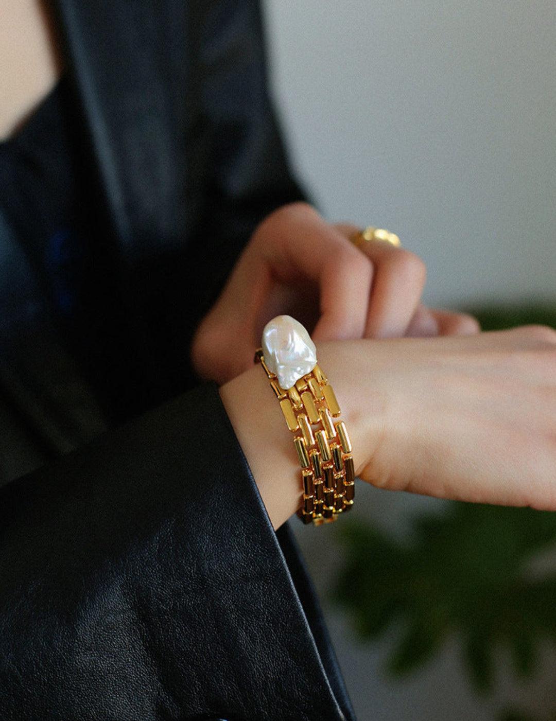 Wide Version Watch Chain Baroque Pearl Bracelet - Gembea Jewelry