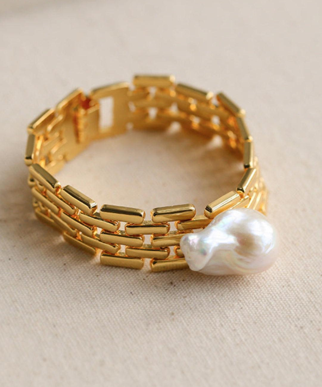 Wide Version Watch Chain Baroque Pearl Bracelet - Gembea Jewelry