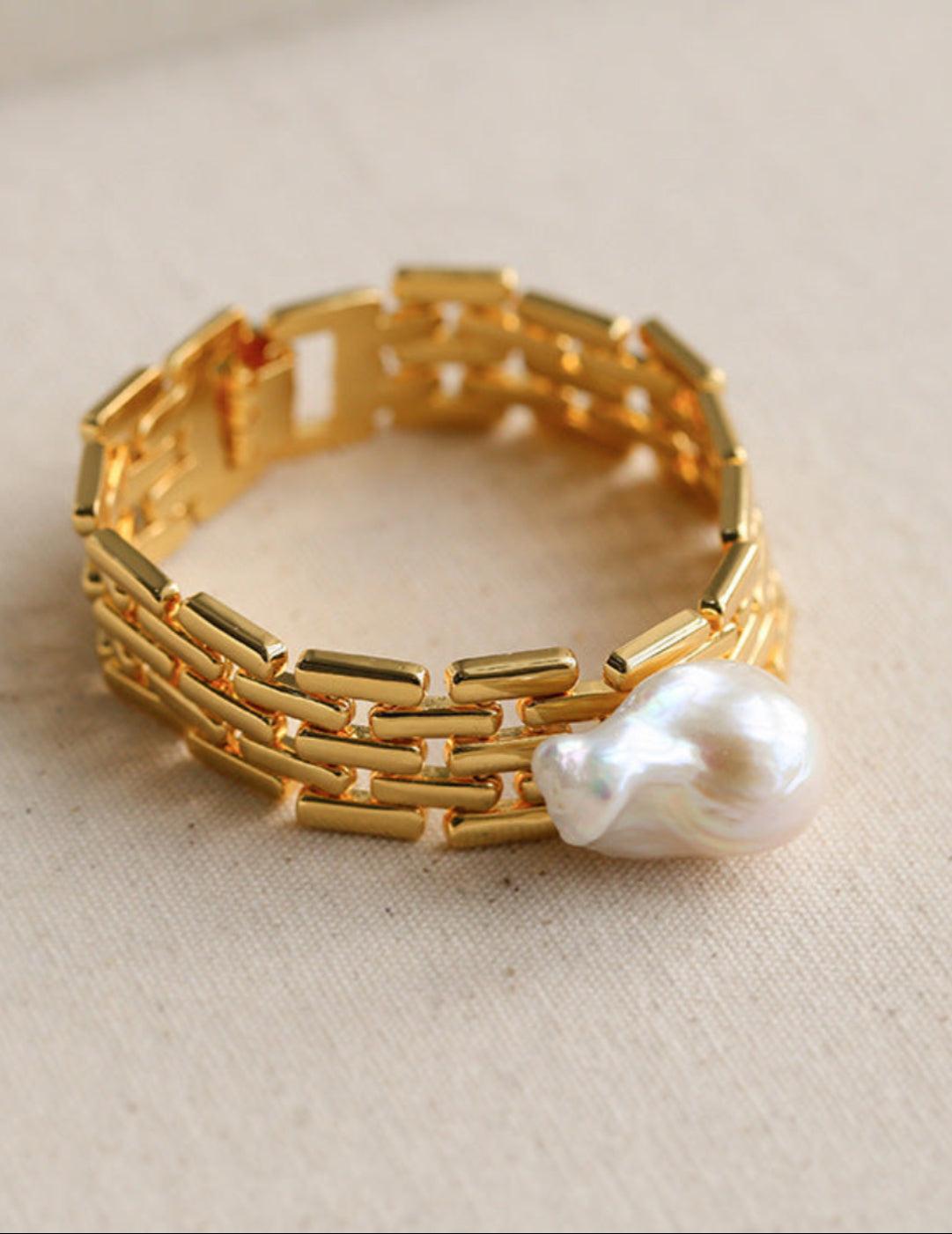 Wide Version Watch Chain Baroque Pearl Bracelet - Gembea Jewelry