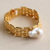Wide Version Watch Chain Baroque Pearl Bracelet - Gembea Jewelry