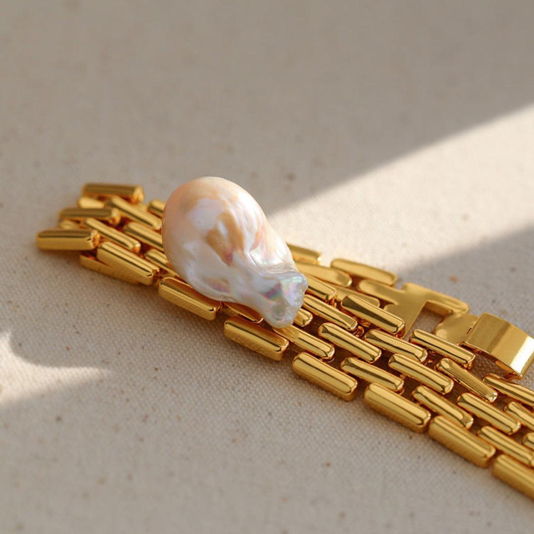 Wide Version Watch Chain Baroque Pearl Bracelet - Gembea Jewelry