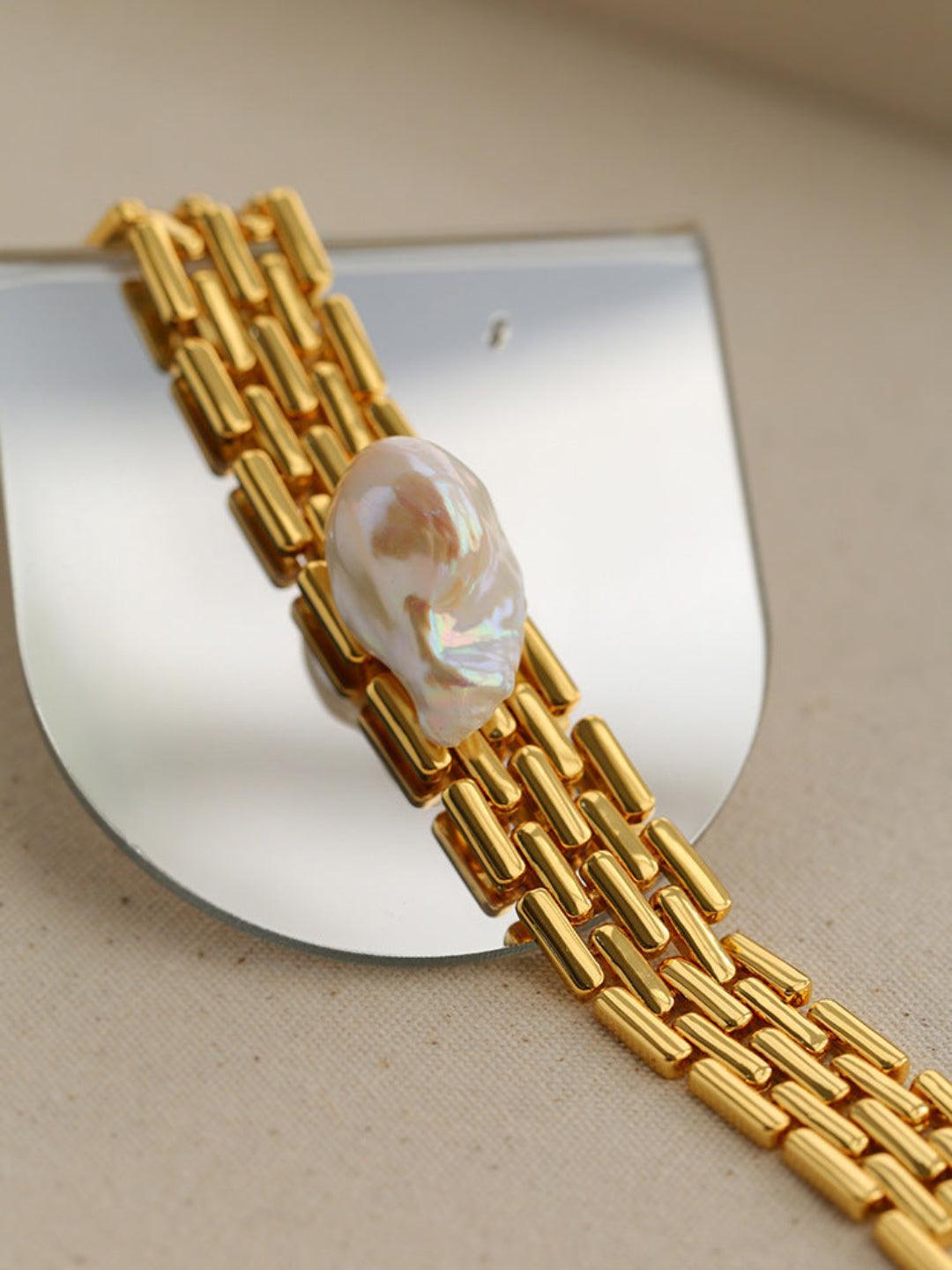 Wide Version Watch Chain Baroque Pearl Bracelet - Gembea Jewelry