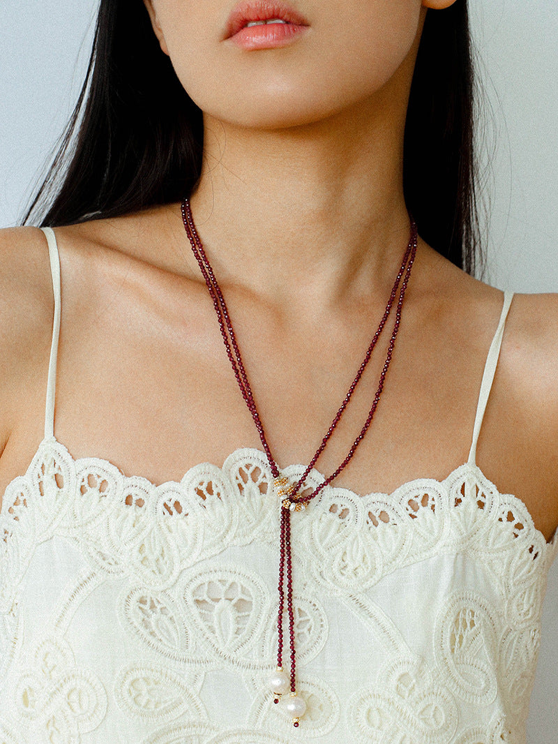 Y-Shaped Braided Tie Gold Ore Garnet Bead Necklace gembea jewelry