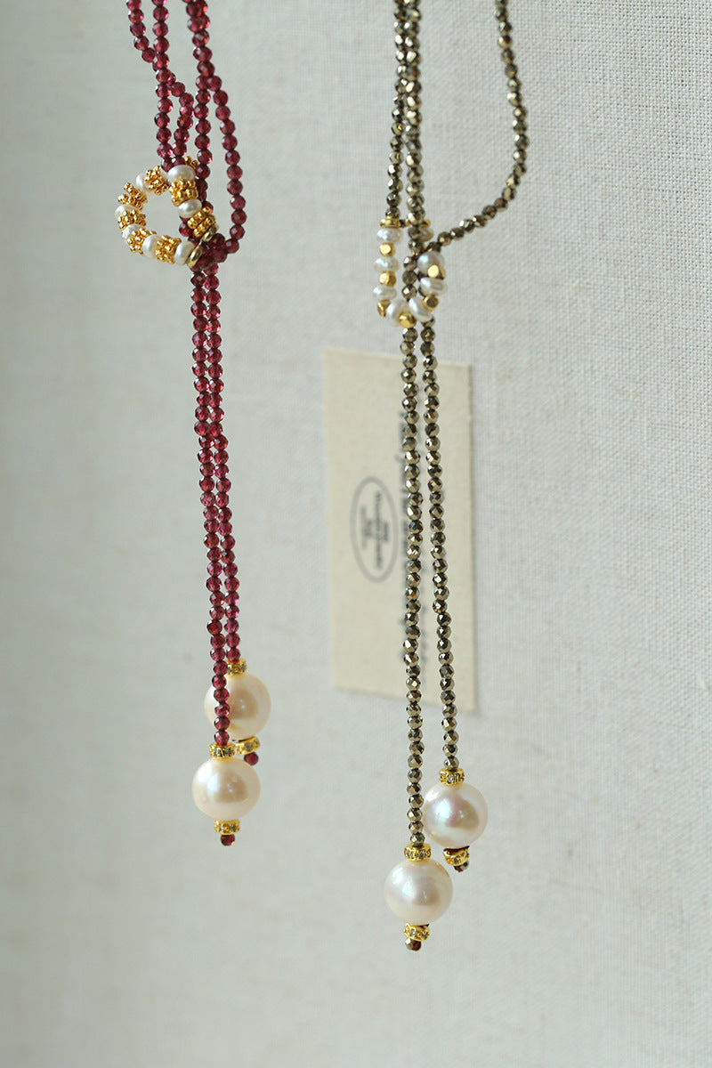 Y-Shaped Braided Tie Gold Ore Garnet Bead Necklace gembea jewelry