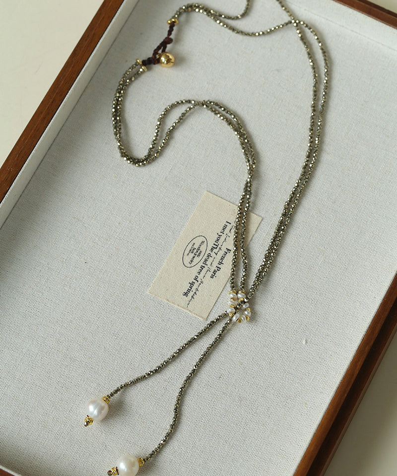 Y-Shaped Braided Tie Gold Ore Garnet Bead Necklace gembea jewelry