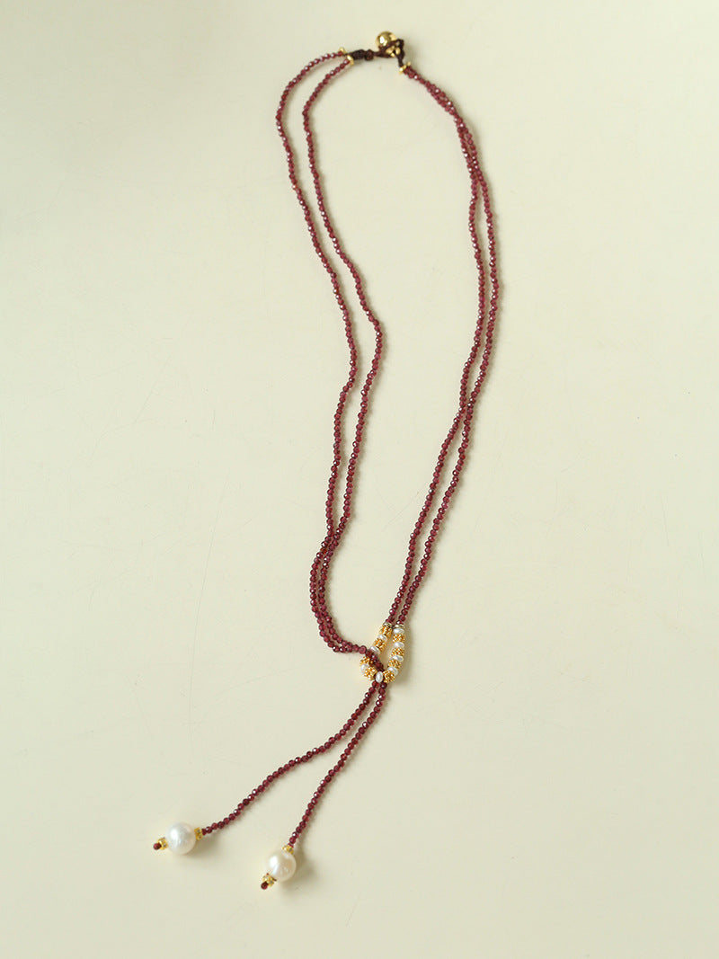 Y-Shaped Braided Tie Gold Ore Garnet Bead Necklace gembea jewelry