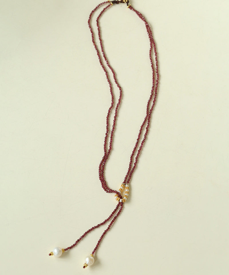 Y-Shaped Braided Tie Gold Ore Garnet Bead Necklace gembea jewelry
