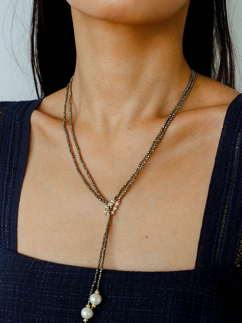 Y-Shaped Braided Tie Gold Ore Garnet Bead Necklace gembea jewelry