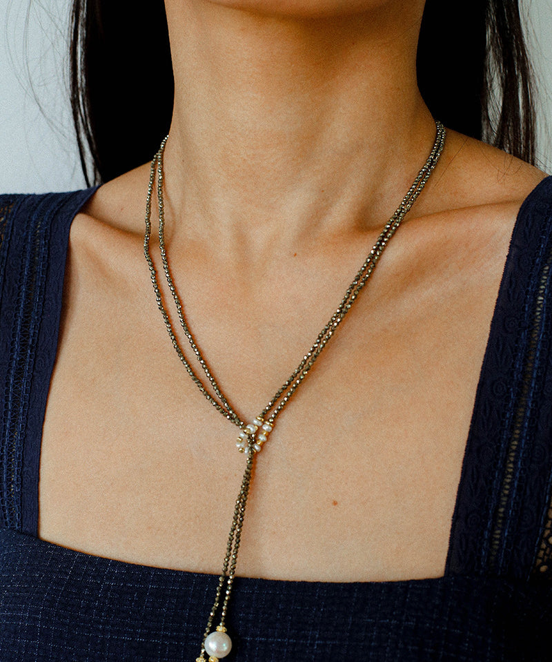 Y-Shaped Braided Tie Gold Ore Garnet Bead Necklace gembea jewelry