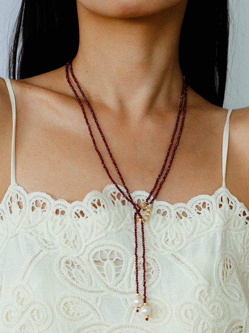Y-Shaped Braided Tie Gold Ore Garnet Bead Necklace gembea jewelry
