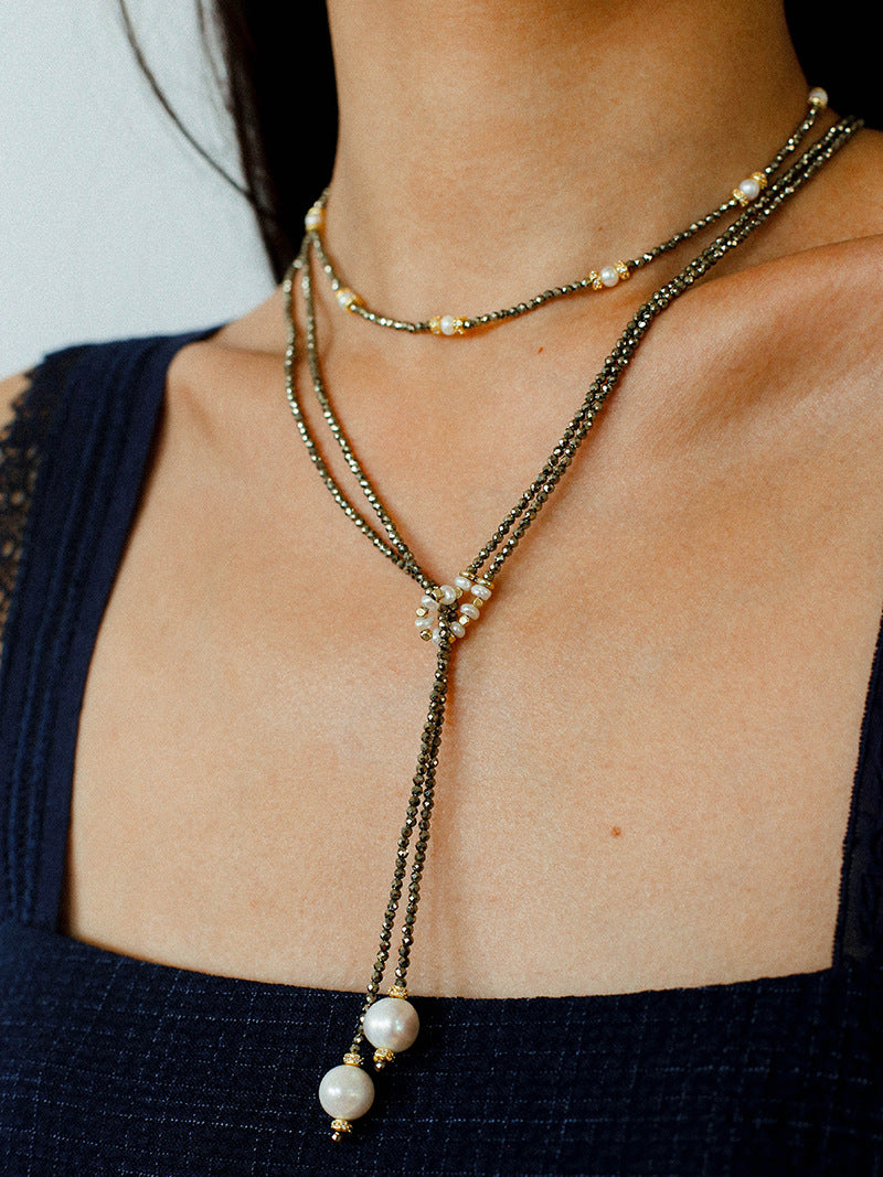 Y-Shaped Braided Tie Gold Ore Garnet Bead Necklace gembea jewelry