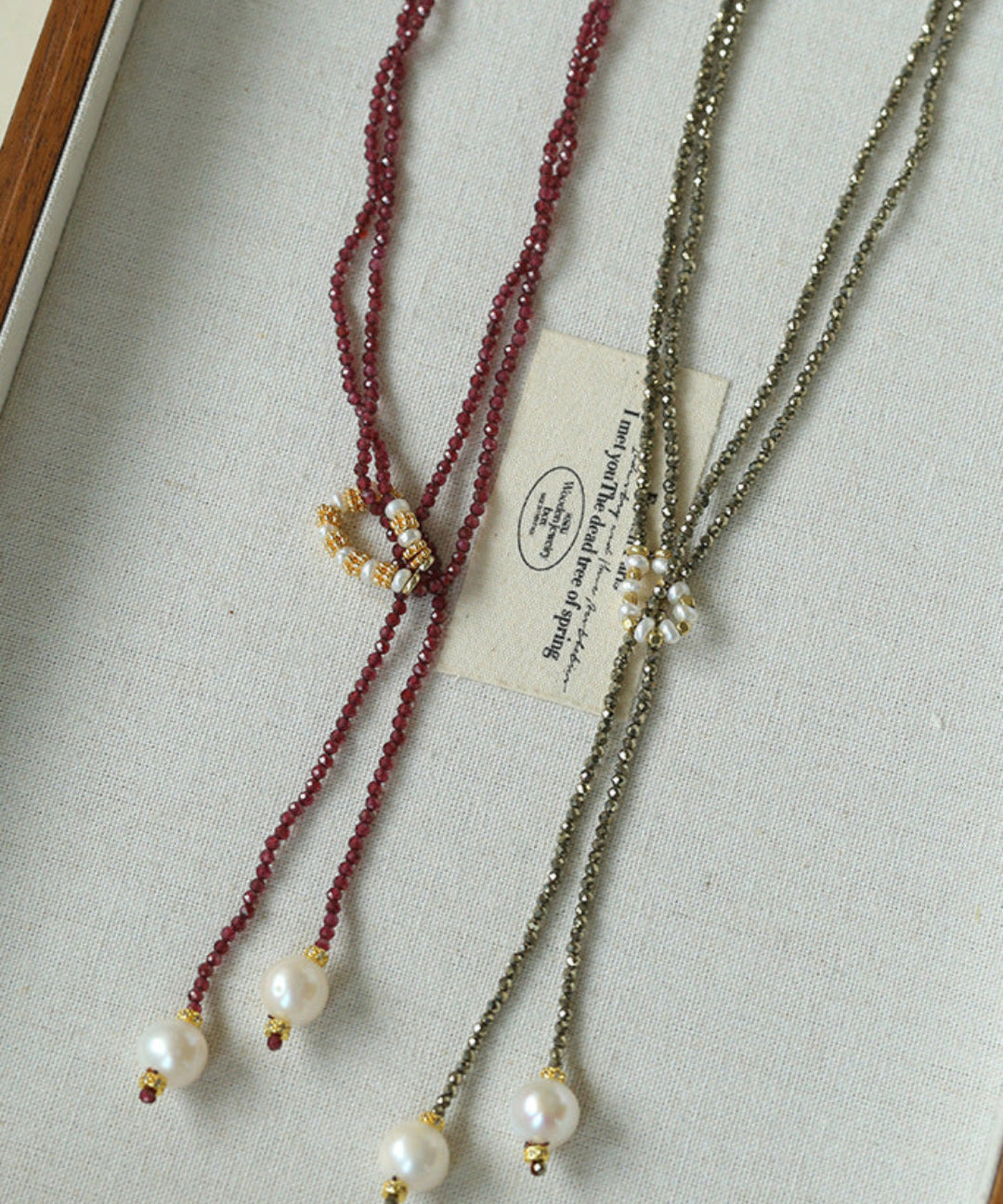 Y-Shaped Braided Tie Gold Ore Garnet Bead Necklace gembea jewelry