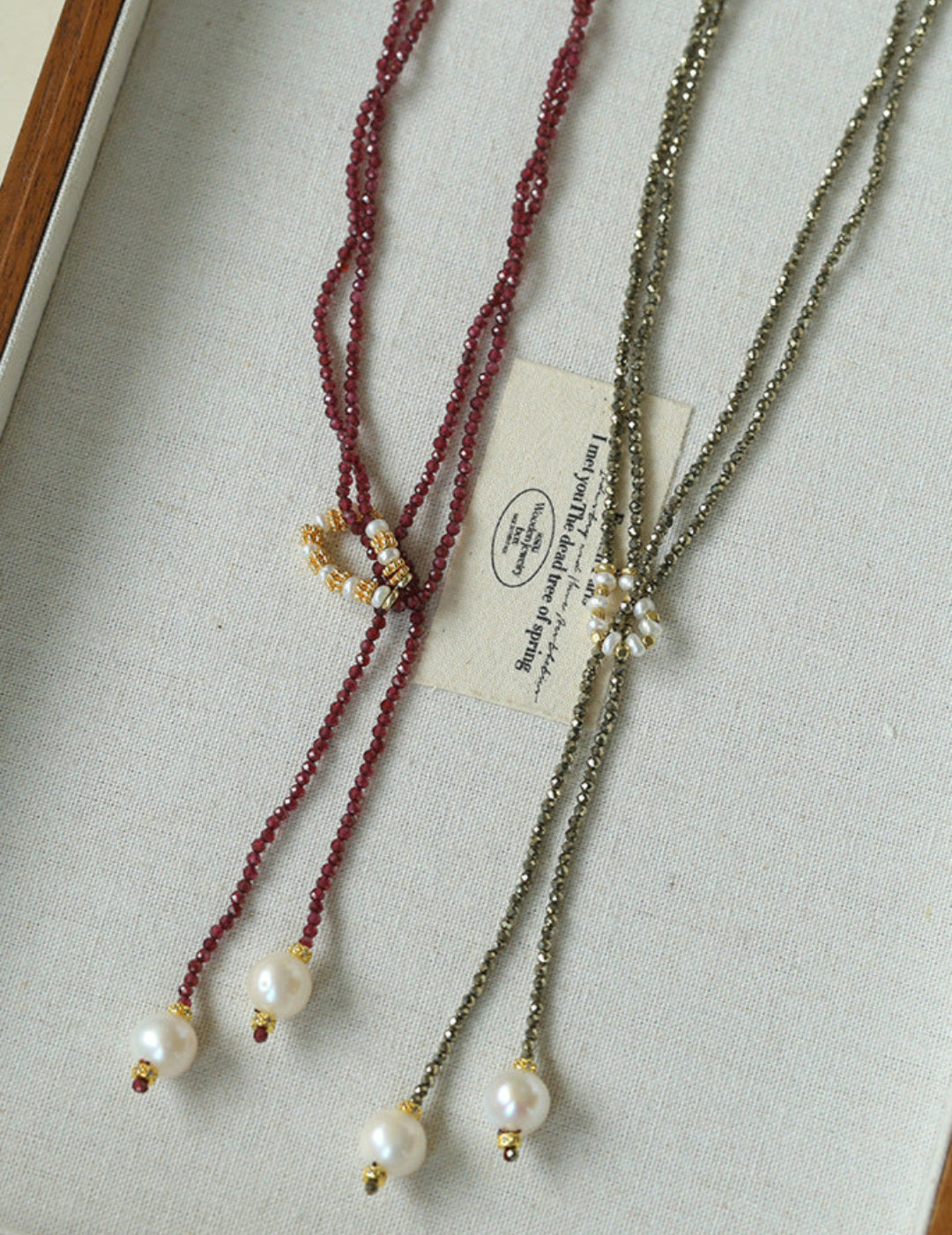 Y-Shaped Braided Tie Gold Ore Garnet Bead Necklace gembea jewelry