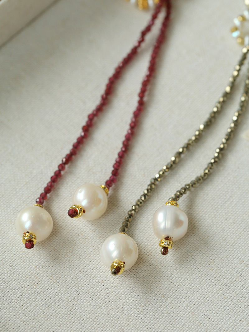 Y-Shaped Braided Tie Gold Ore Garnet Bead Necklace gembea jewelry