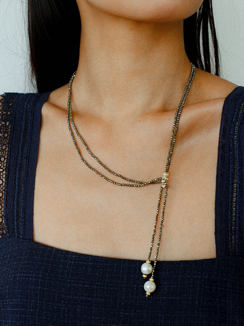 Y-Shaped Braided Tie Gold Ore Garnet Bead Necklace gembea jewelry