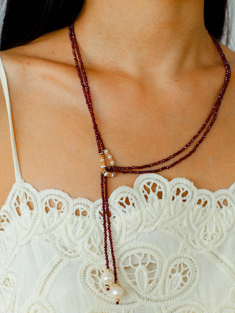 Y-Shaped Braided Tie Gold Ore Garnet Bead Necklace gembea jewelry