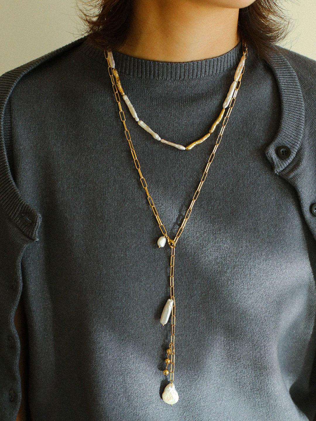 Rectangular Metal Chain Baroque Pearl Y Necklace - Gembea Jewelry