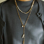 Rectangular Metal Chain Baroque Pearl Y Necklace - Gembea Jewelry
