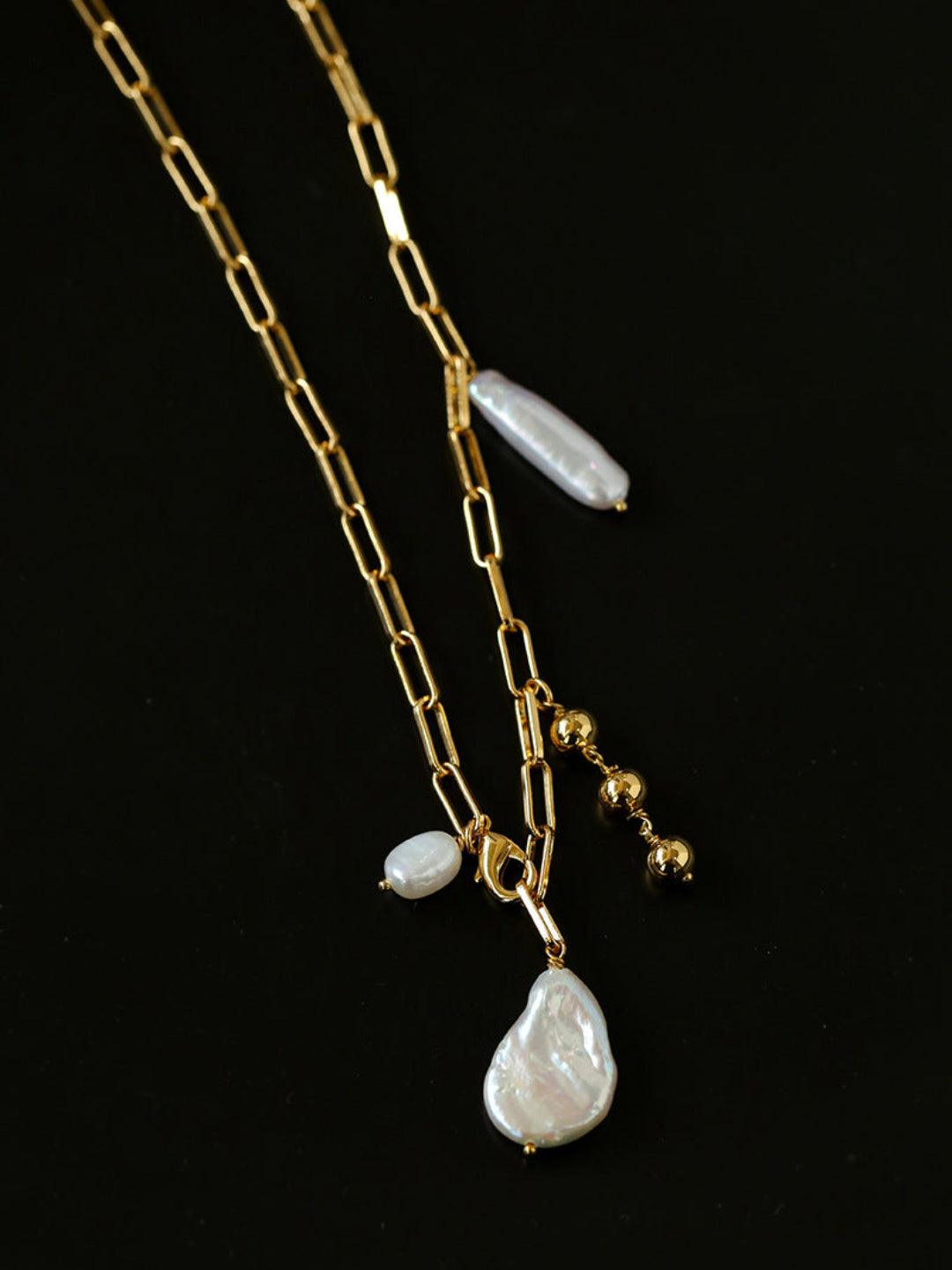 Rectangular Metal Chain Baroque Pearl Y Necklace - Gembea Jewelry