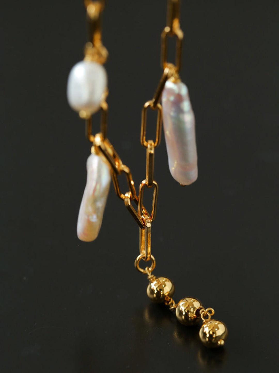 Rectangular Metal Chain Baroque Pearl Y Necklace - Gembea Jewelry