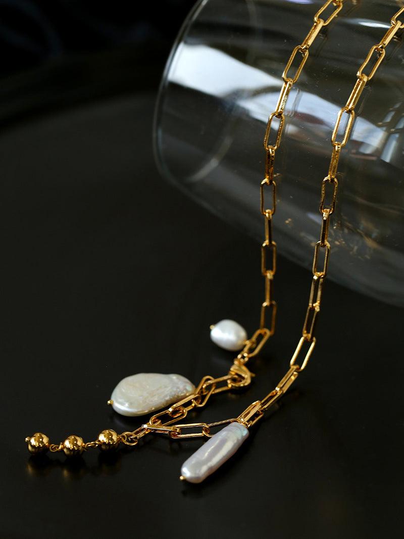 Rectangular Metal Chain Baroque Pearl Y Necklace - Gembea Jewelry