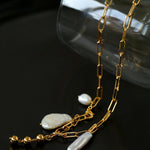 Rectangular Metal Chain Baroque Pearl Y Necklace - Gembea Jewelry
