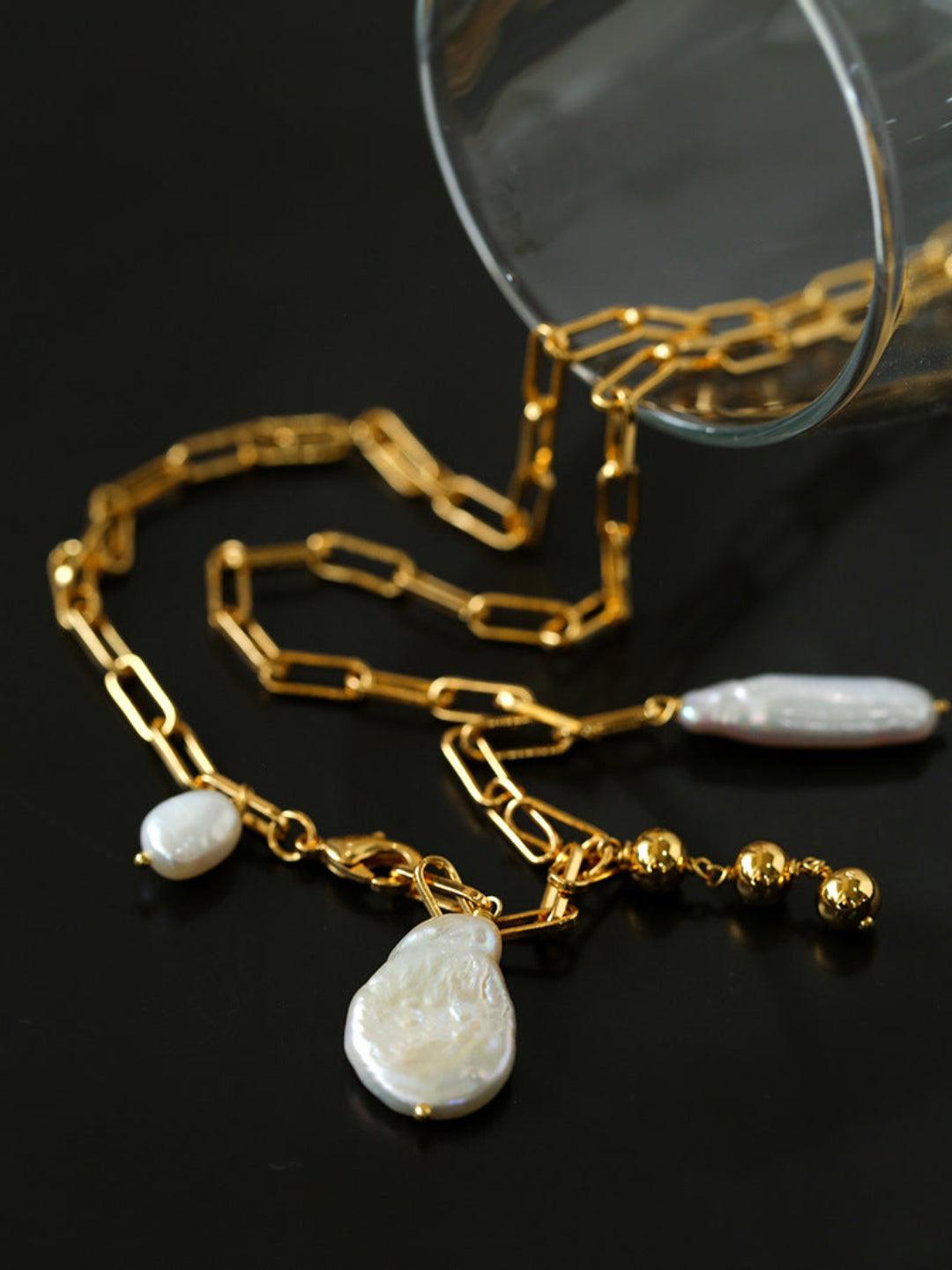 Rectangular Metal Chain Baroque Pearl Y Necklace - Gembea Jewelry