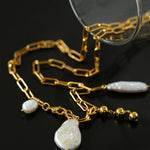 Rectangular Metal Chain Baroque Pearl Y Necklace - Gembea Jewelry