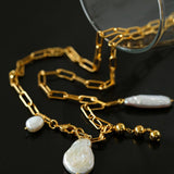 Rectangular Metal Chain Baroque Pearl Y Necklace - Gembea Jewelry