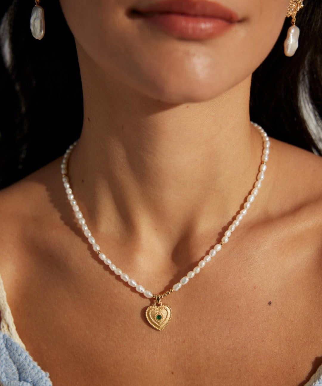 Zircon Heart Pendant Pearl Beaded Necklace - Gembea Jewelry