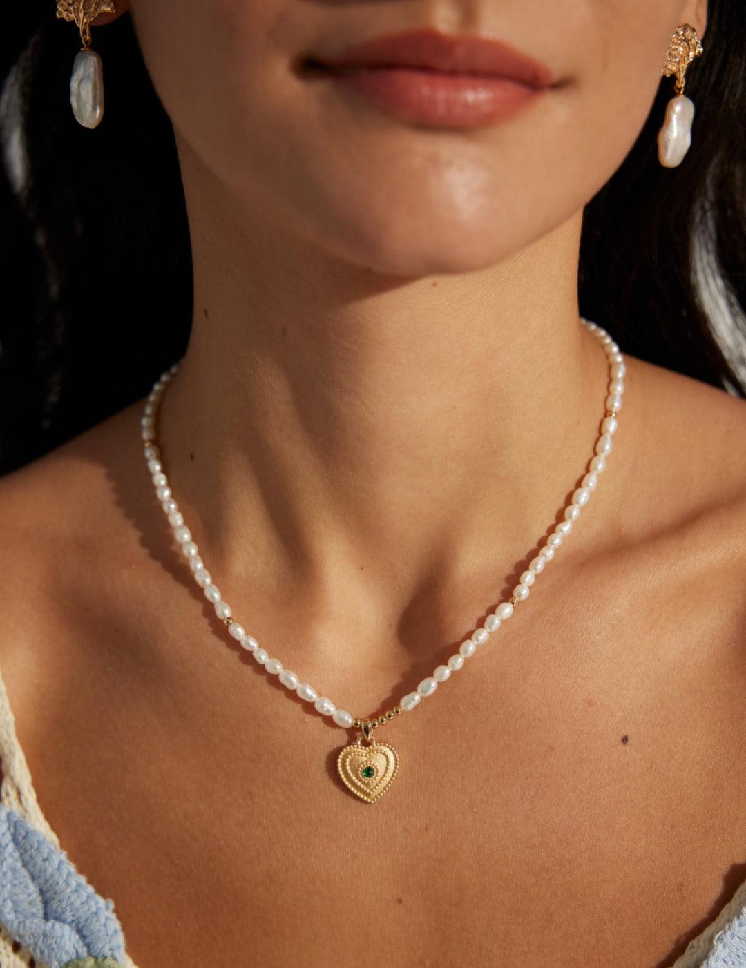 Zircon Heart Pendant Pearl Beaded Necklace - Gembea Jewelry