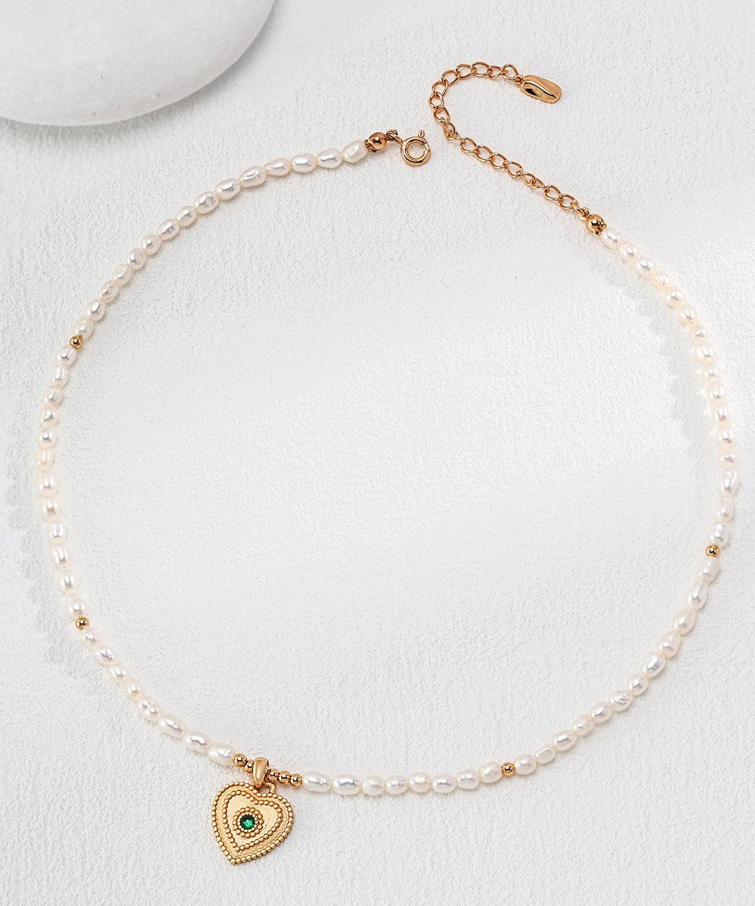 Zircon Heart Pendant Pearl Beaded Necklace - Gembea Jewelry