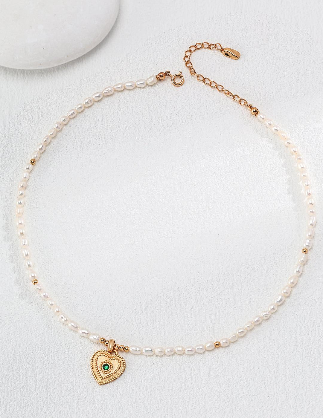 Zircon Heart Pendant Pearl Beaded Necklace - Gembea Jewelry