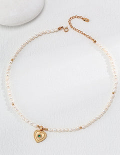 Zircon Heart Pendant Pearl Beaded Necklace - Gembea Jewelry