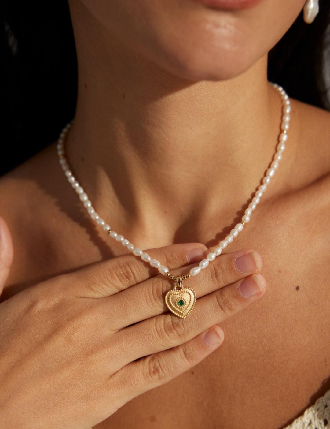 Zircon Heart Pendant Pearl Beaded Necklace - Gembea Jewelry