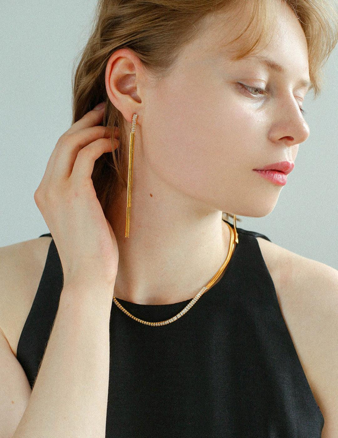 Zircon Metal Long Drop Earrings - Gembea Jewelry