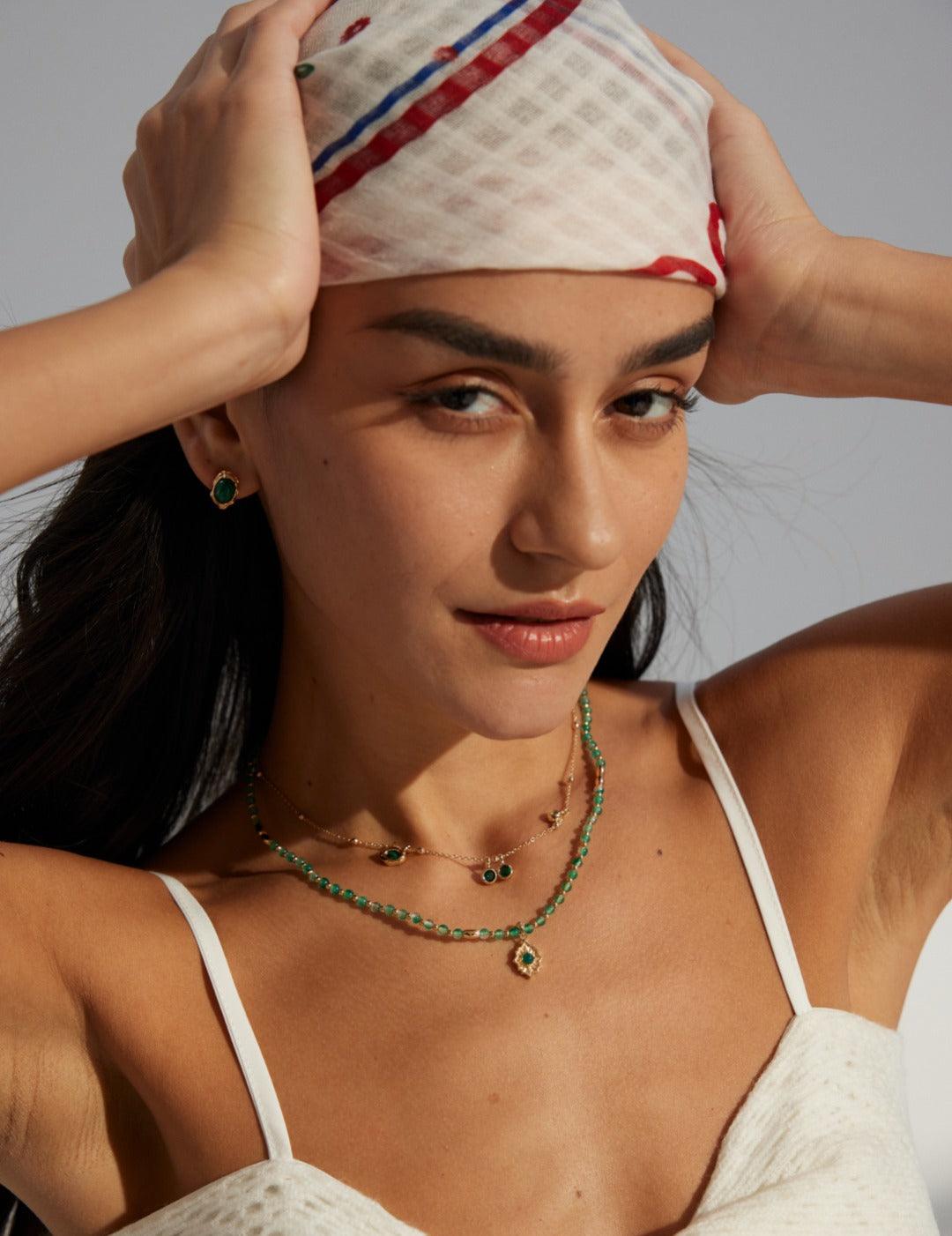 Glossy Zircon and Peacock Stone Pendant Necklace Gembea - Gembea Jewelry