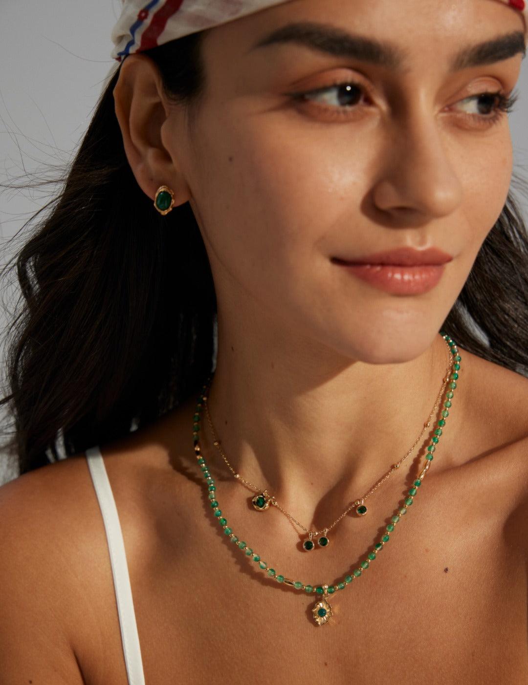 Glossy Zircon and Peacock Stone Pendant Necklace Gembea - Gembea Jewelry