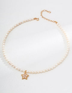 Zircon Star Pendant Pearl Beaded Necklace - Gembea Jewelry