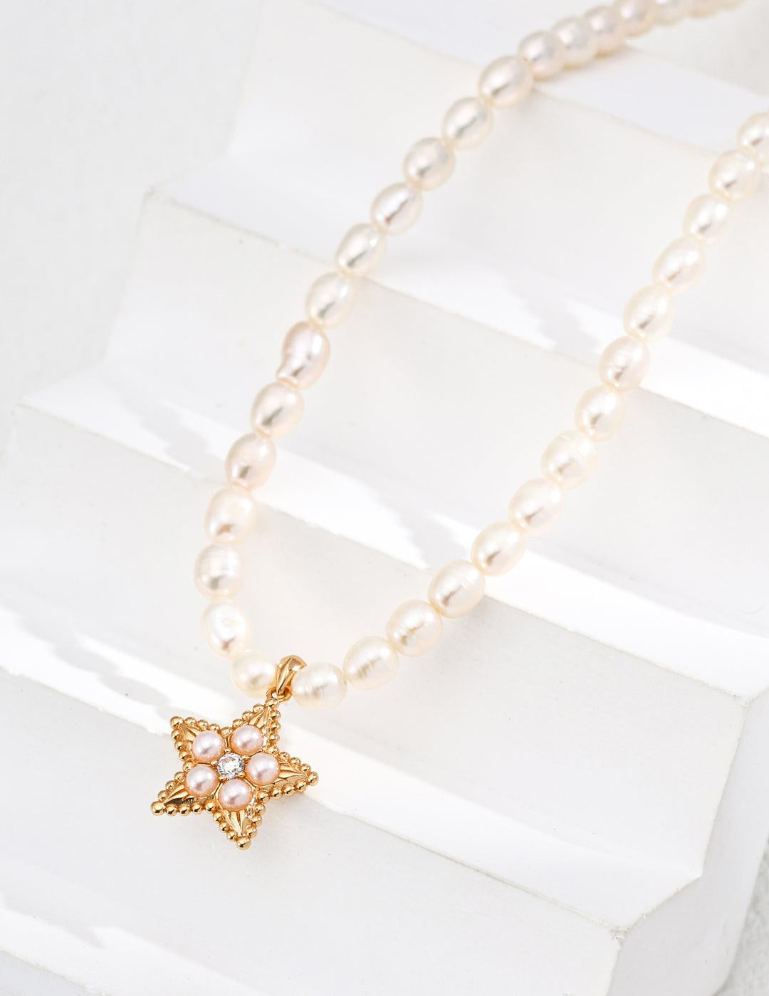 Zircon Star Pendant Pearl Beaded Necklace - Gembea Jewelry
